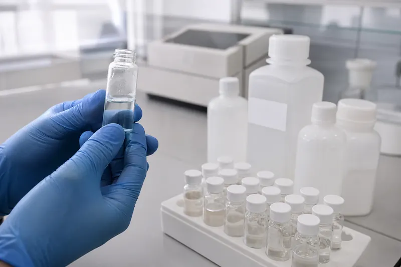 Blue-gloved hands holding a small glass vial of clear water beside a white rack of capped sample vials and plain white sample bottles on a laboratory bench