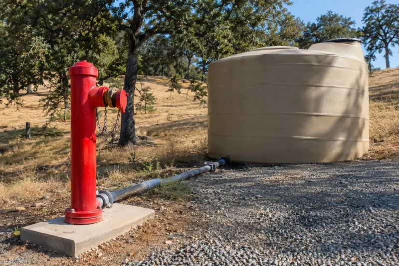 Red steel fire water standpipe with a capped brass hose outlet on a concrete pad by a gravel drive, piped to a large tan water storage tank under oak trees
