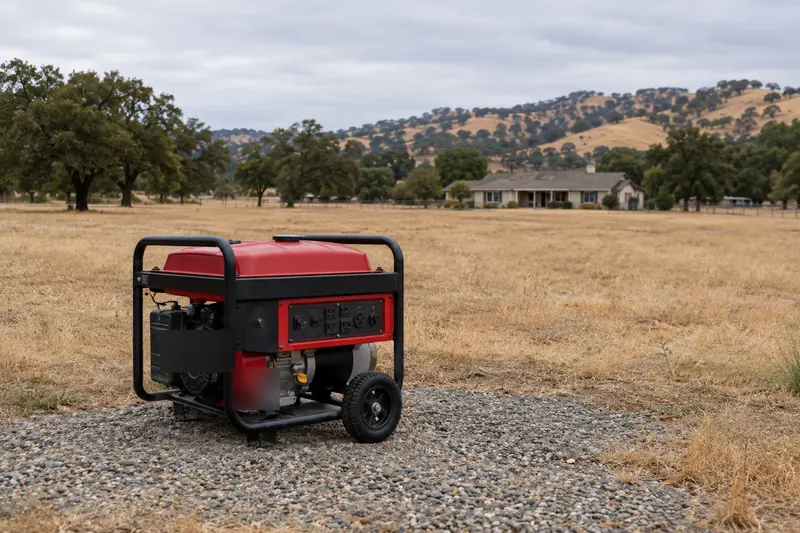 Portable generator standing alone on a gravel pad in an open dry field, with a ranch house far off under oaks and golden hills