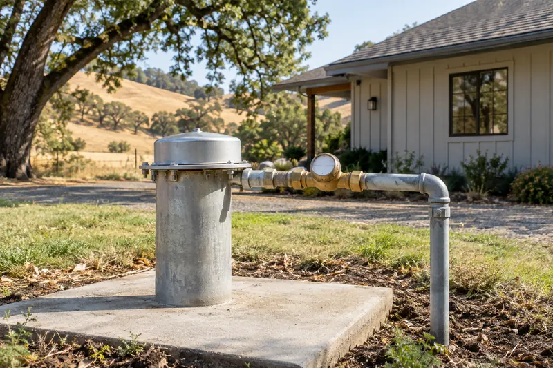 Domestic well casing with a domed cap on a concrete pad, its outlet pipe fitted with a brass inline water meter with a blank dial, beside a board-and-batten ranch house with oaks and golden hills behind