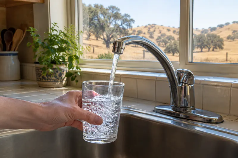 Hand holding a glass under a chrome kitchen faucet as it fills, tiled counter and potted herbs, a window behind looking out on oak trees and golden hills
