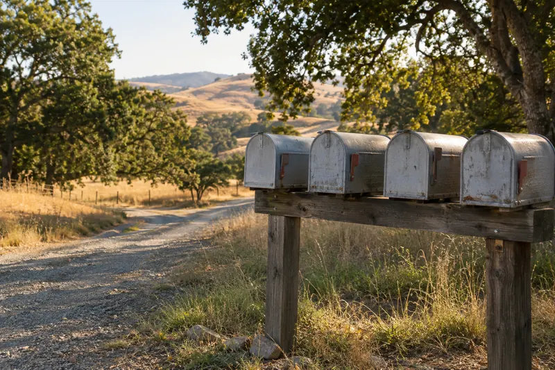 Four weathered metal rural mailboxes on a wooden rail post beside a gravel ranch road winding between oak trees into golden hills