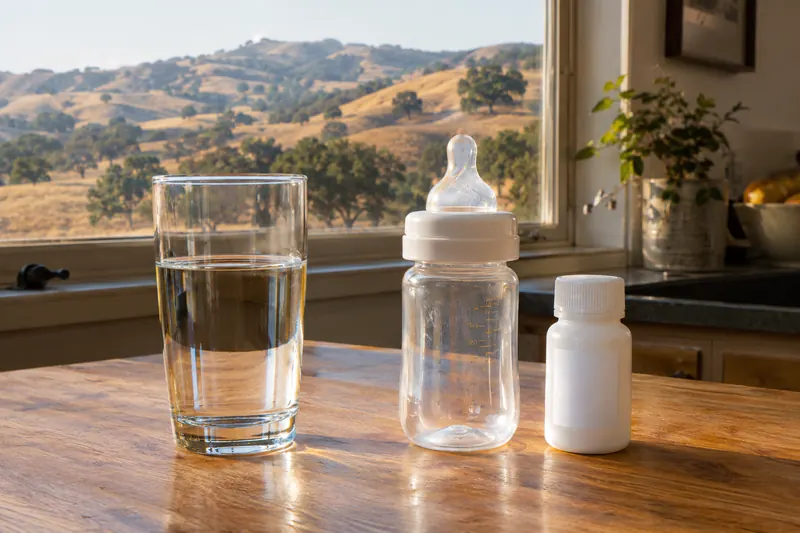 A glass of tap water, an empty baby bottle and a small white sample bottle with a blank label on a wooden kitchen counter, oak-dotted golden hills through the window