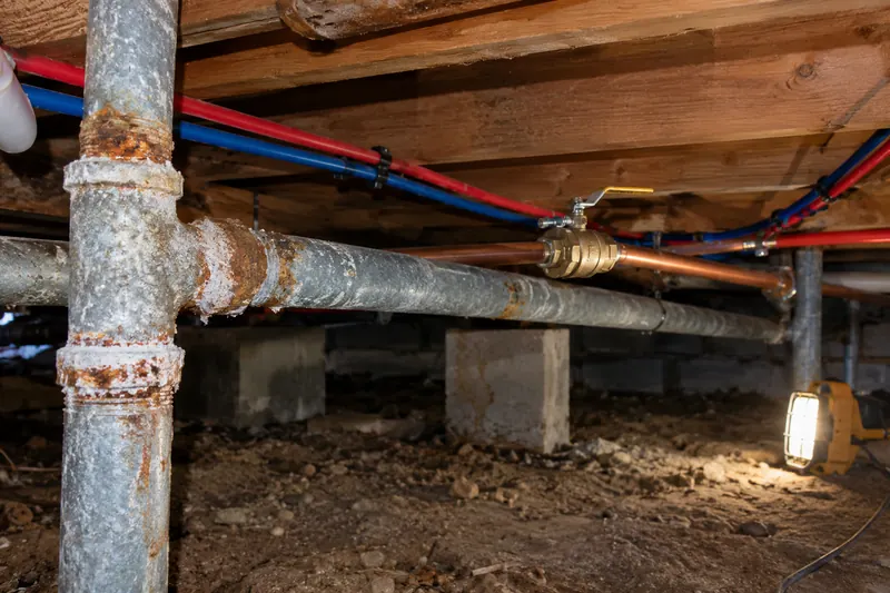 Crawlspace under an older house with rusted galvanized pipes crusted white at the joints, newer copper pipe with a brass ball valve, and red and blue PEX lines along the floor joists, lit by a work light