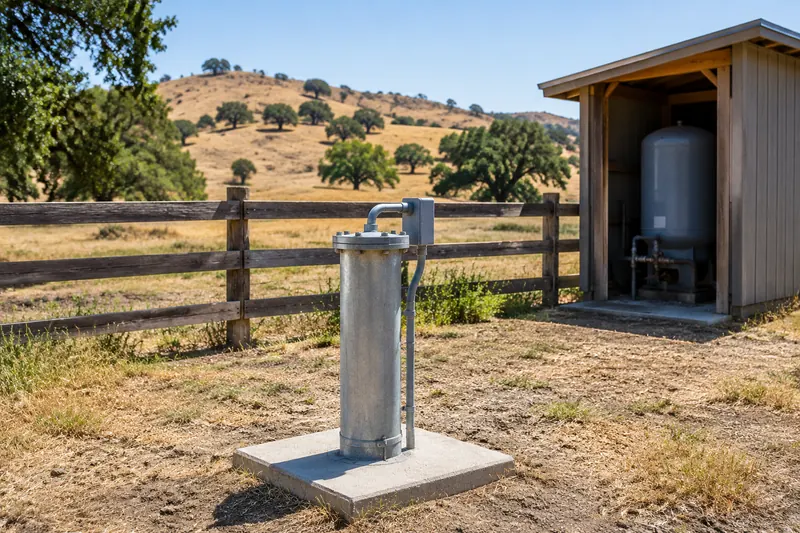 Galvanized steel well casing with a bolted cap and electrical conduit on a square concrete pad, a wooden pump shed with a gray pressure tank and a rail fence behind, oak-dotted golden hills beyond