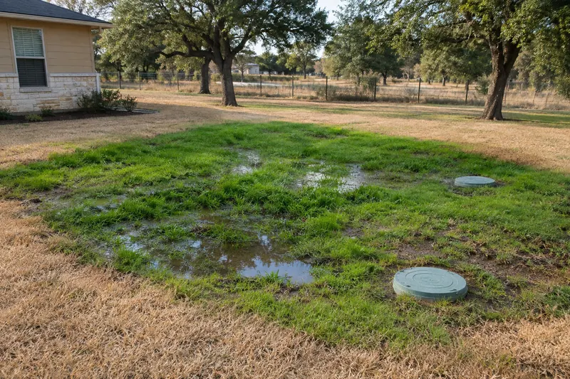 A patch of unusually bright green grass with puddles of standing water in an otherwise dry tan yard, two round septic lids at ground level, a house corner and oak trees behind
