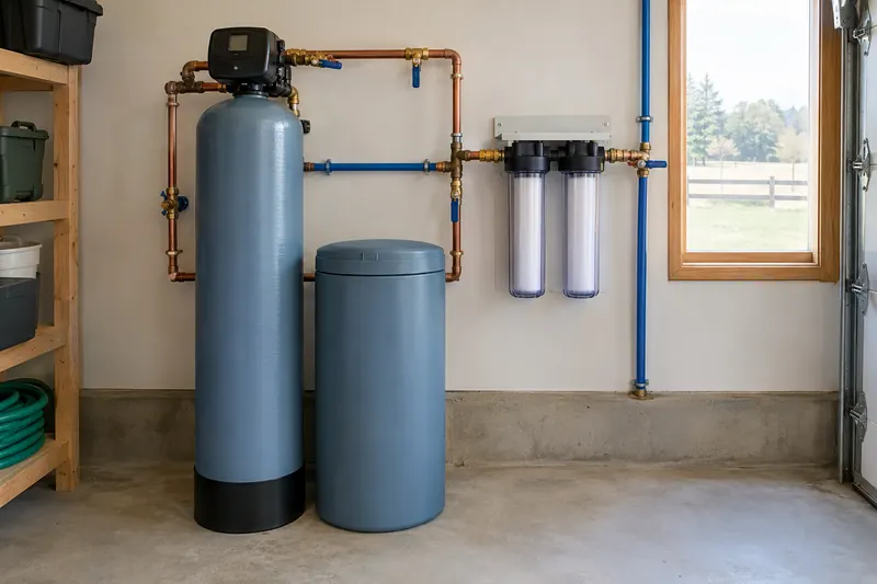 Blue-gray water softener resin tank and brine tank on a garage floor, with two clear sediment filter housings on a wall bracket and copper and blue PEX piping with ball valves