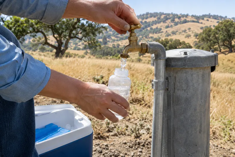 Hands filling a small clear sample bottle from a brass tap on a galvanized well casing, an open cooler with blue ice packs below, oak-studded golden hills in the background