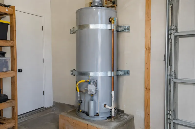 Gray tank-type gas water heater on a raised platform in a garage corner, held by two metal straps bolted to the wall, with a relief valve and copper discharge pipe running down its side and a yellow flexible gas connector