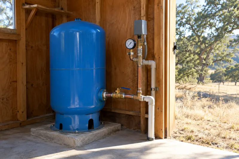 Blue steel pressure tank on a concrete plinth inside a wooden pump house, with a pressure gauge, gray pressure switch box, brass ball valve and copper and white PVC piping; dry grass and oaks through the open door