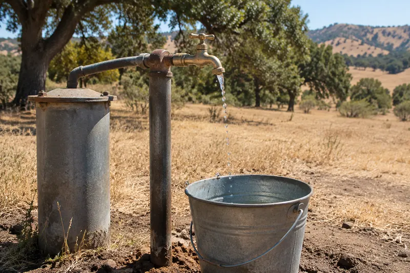 Brass faucet on a pipe beside a weathered well casing dribbling a thin broken stream into a galvanized bucket on dusty ground, with parched grass and oak trees behind